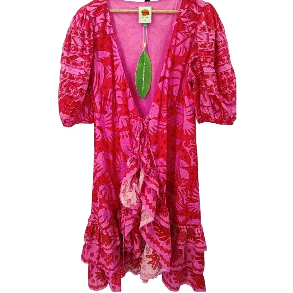 Farm Rio Jungle Scarf Wrap Midi Dress Pink Red Size XL New With Tags - Picture 9 of 11